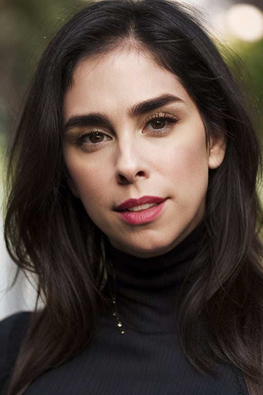 (closeup portrait:1.2) of Sarah Silverman , wearing a turtleneck, eyes directed to camera, outside, bokeh, depth of field,,sks woman