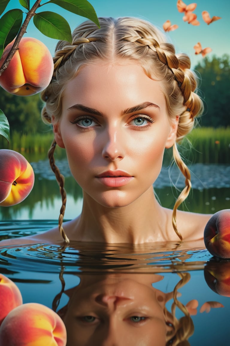 (masterpiece several style, best quality, day:1.3), a beautiful woman, portrait type photo, peach, skinny, thirsty, dark blonde dutch braid, mascara, pond background, Dazzling, trending on ArtStation, nsfw double exposure, reveal the universal essence of emotions, fantasy, creativity, inspiration, pure, raw beauty of love, joy, hope, kindness, death, decay, anger, fear, sorrow, despair