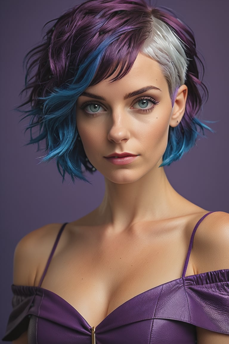 (masterpiece, best quality, ultra realistic, 32k, RAW photo, detail skin, 8k uhd, dslr, high quality, film grain:1.1), short hair, Electric blue hair:1.1, medium breast, 30 year old lady, brown eyes, deep purple Off-the-shoulder top/dress, simple background)