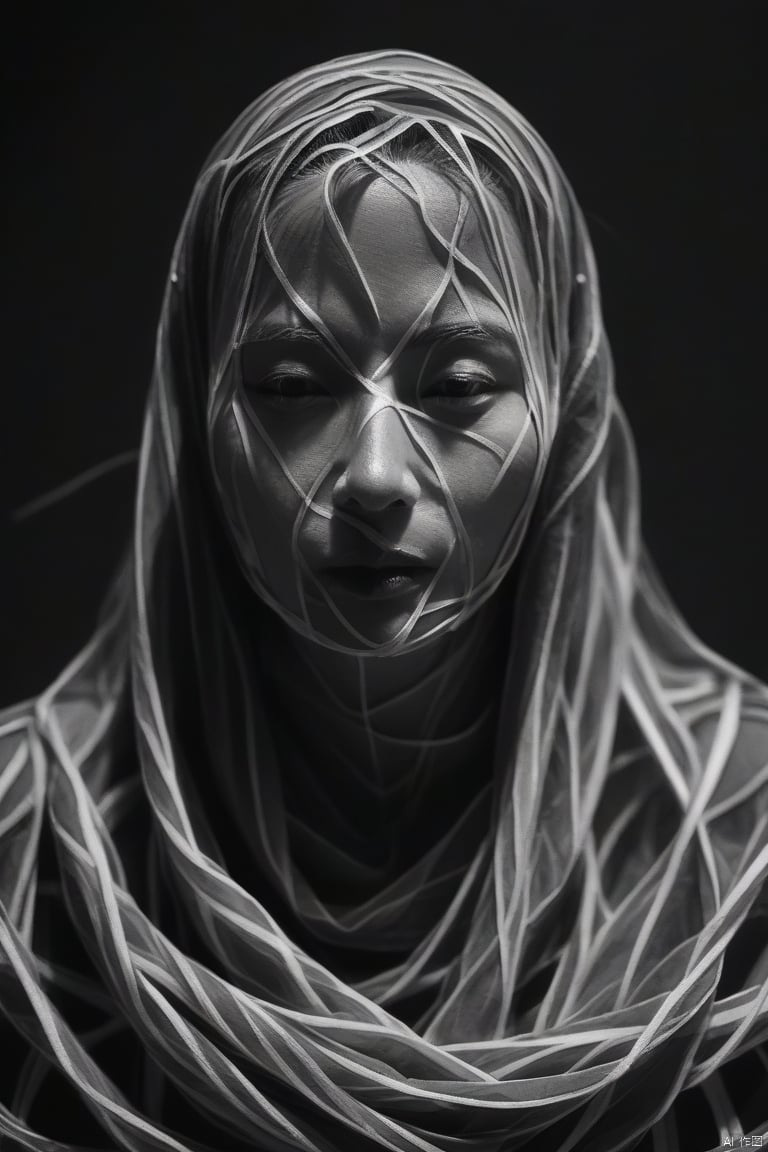 Monochrome composition of a (shrouded figure:1.3), entirely enveloped in (tangled strips:1.2), with (visible lips:1.1) and (intense gaze:1.1), texture-rich, abstract human form, grayscale palette, dynamic contrast, (striking shadows:1.2), high-detail, close-up, conceptual art, mystery and concealment, studio shot, fine art photography, Canon EOS 5D Mark IV, f/4, 1/125s, ISO 100,
