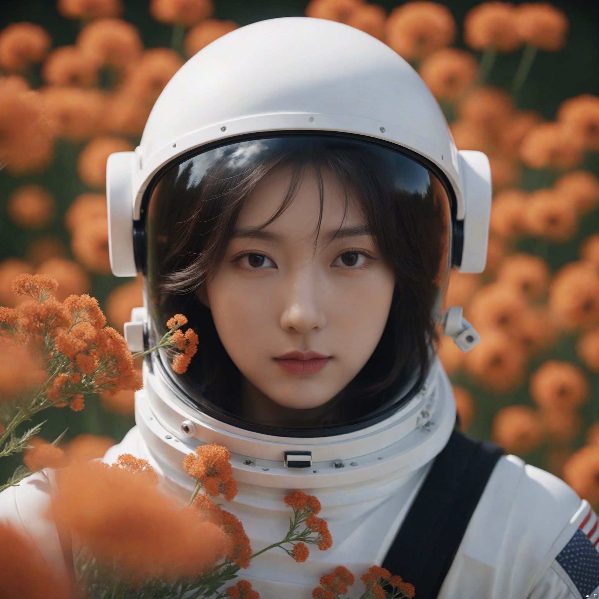  cinematic photo perfectly centered portrait detailed astronaut with flowers explosion helmets, anatomical drawing, dripping paint, coquelicot color, volumetric lighting, unreal engine, blender model, 3d model, incredible bokeh . 35mm photograph, film, bokeh, professional, 4k, highly detailed