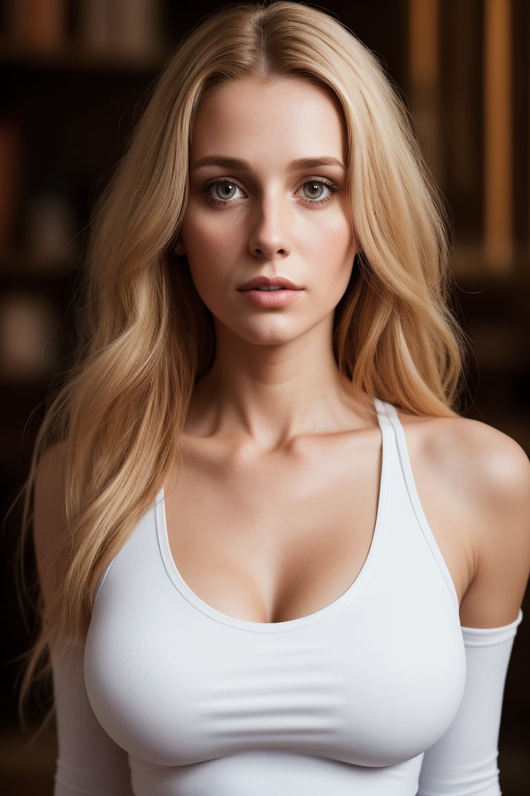 Generate hyper realistic image of a captivating portrayal of a ((30 year old)) woman with blonde hair, tight white top. medium breast