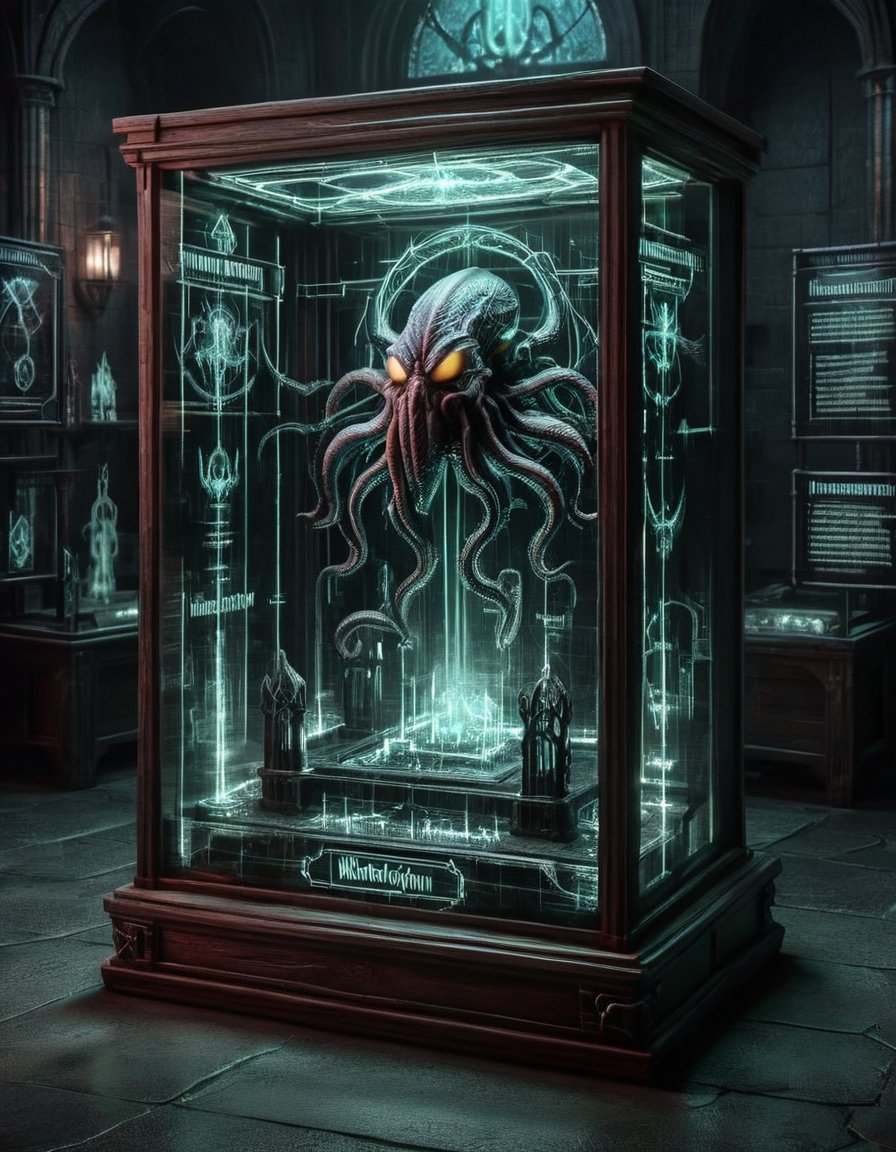 gothic wooden ancient display case of Cthulhu in a black eerie dungeon