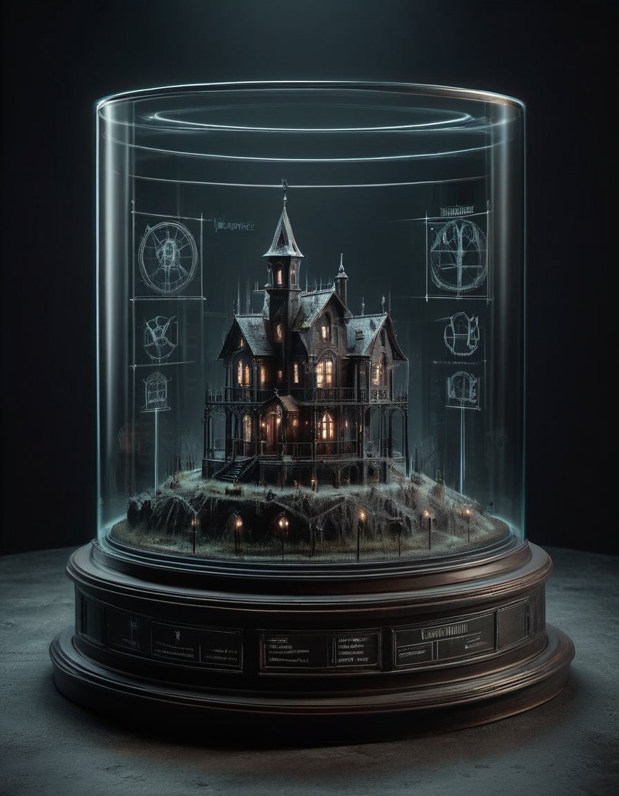 display case with a rounded base for a creepy gothic house on a high hill with an iron fence in a dark studio environment