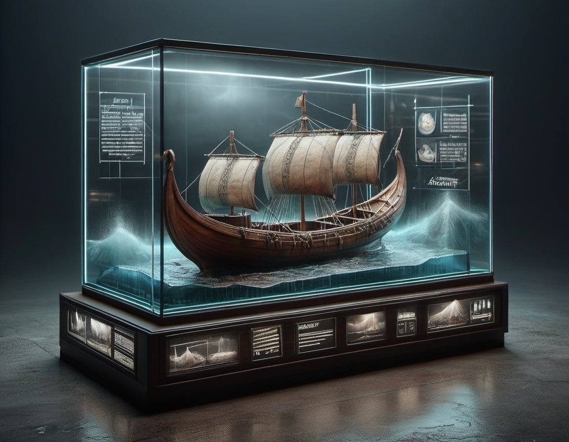 display case for viking boat on the water in a storm in a dark studio environment