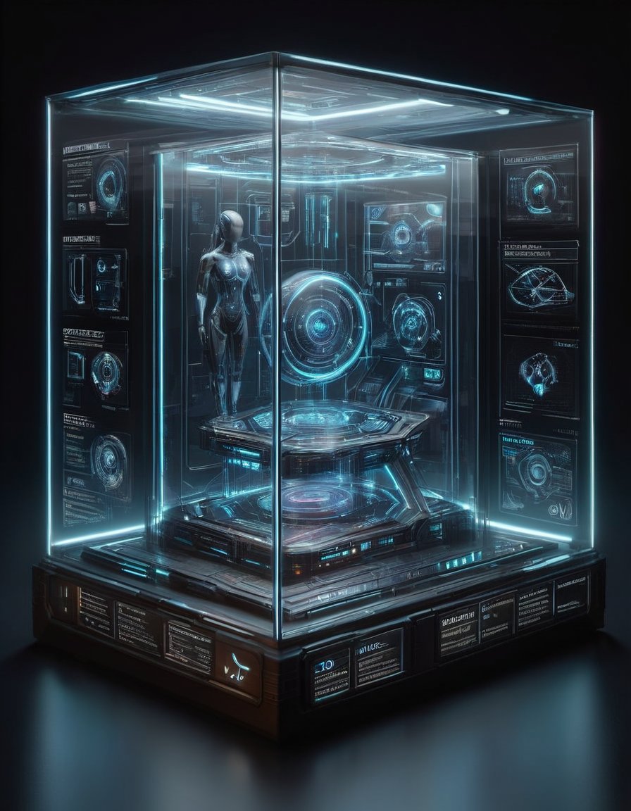 display case for futuristic artifacts inscrutable technology in a dark studio environment