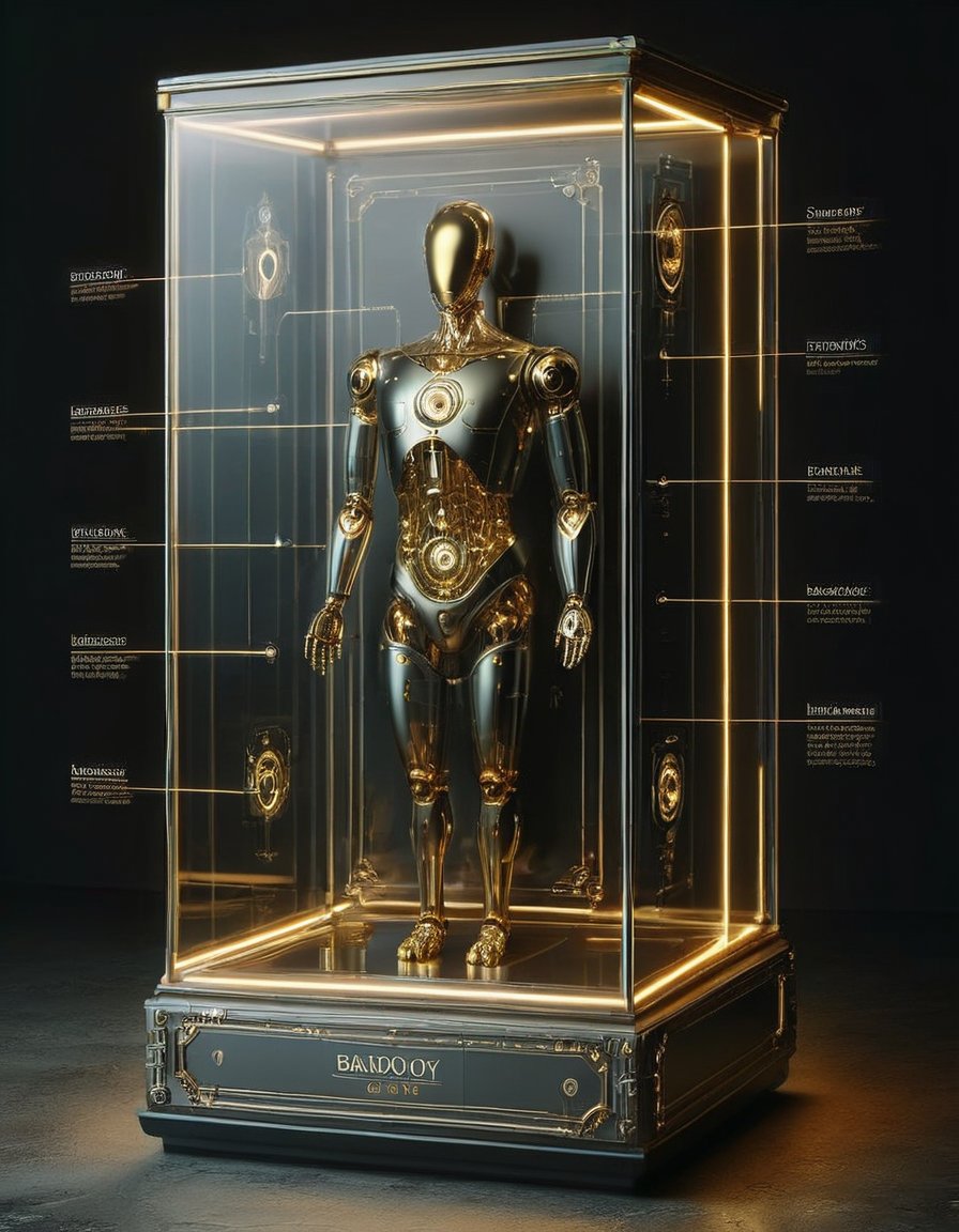 display case a baroque styled android silver and brass and onyx ornate old fashion concept for a robot