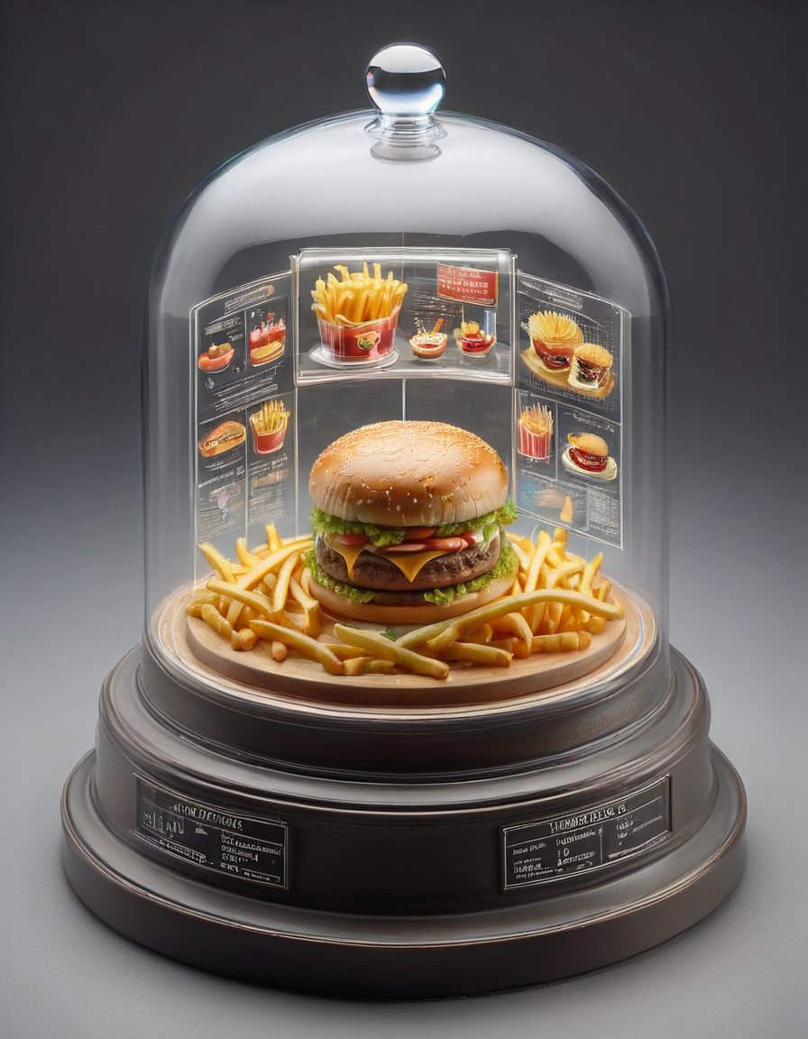 display case with a round base and bell jar top of hamburger and french fries