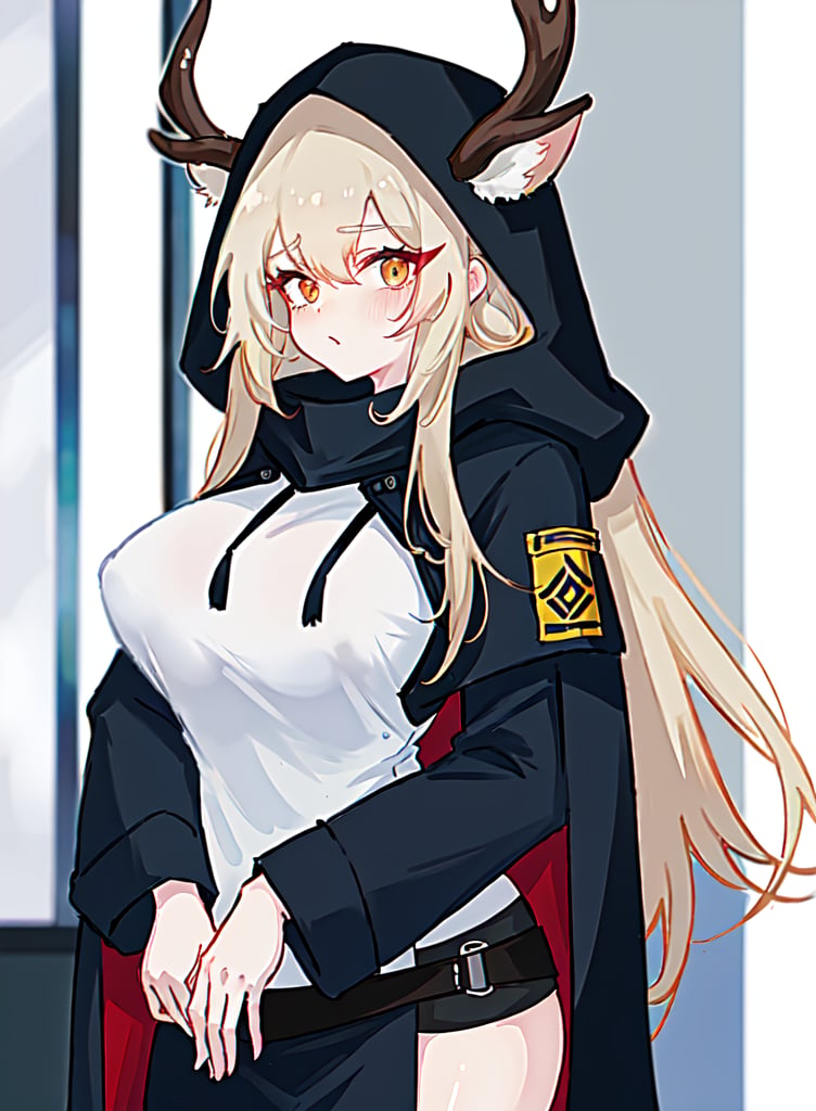 1girl, absurdres, animal_ears, antlers, antlers_through_headwear, arknights, artist_name, blonde_hair, breasts, cape, deer_antlers, deer_ears, deer_girl, hair_between_eyes, highres, holding, hood, hood_up, hooded_cape, if_f, large_breasts, long_hair, looking_at_viewer, solo, very_long_hair, viviana_(arknights), white_cape