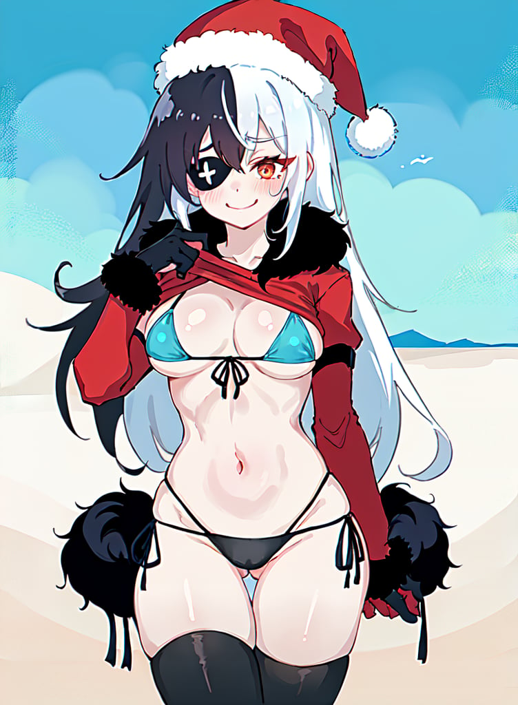 1girl, absurdres, bikini, black_background, black_hair, breasts, clothes_lift, cowboy_shot, double_v, eonsang, eyepatch_bikini, fingerless_gloves, front-tie_bikini_top, front-tie_top, fur-trimmed_gloves, fur_trim, girls'_frontline, gloves, gluteal_fold, hat, highres, lifted_by_self, long_hair, looking_at_viewer, m4a1_(girls'_frontline), medium_breasts, midriff, multi-strapped_bikini_bottom, multicolored_hair, nail_polish, navel, santa_hat, shirt, shirt_lift, side-tie_bikini_bottom, smile, streaked_hair, swimsuit, thighhighs, v, white_shirt, white_thighhighs