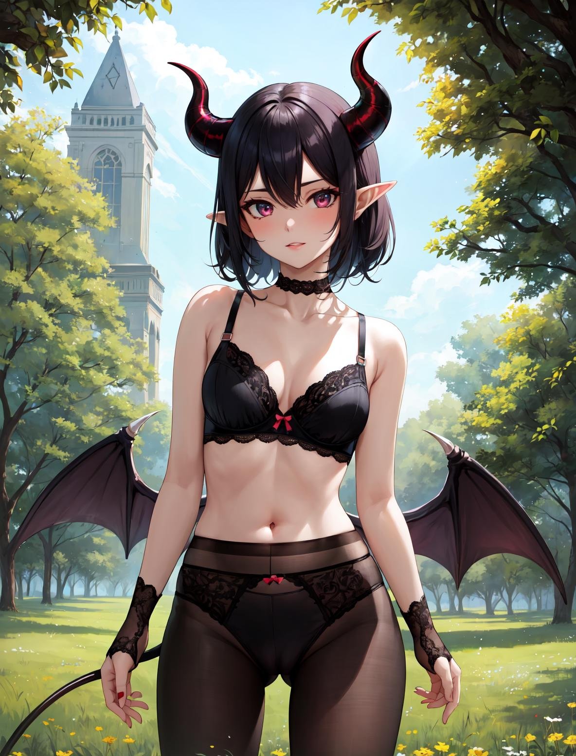 masterpiece, best quality, highres,succubusconcepts, 1girl, solo, looking at viewer, cowboy shot, standing, spread legs, cameltoe, pantyhose, bra, collarbone, navel, underwear, lace trim, lace, <lora:Concepts_Succubus3:1>, grass, field, day, cloud, forest, demon girl, (tail:1.2), (demon tail,:1.2) wings, demon wings, breasts, demon horns, pointy ears, bangs,