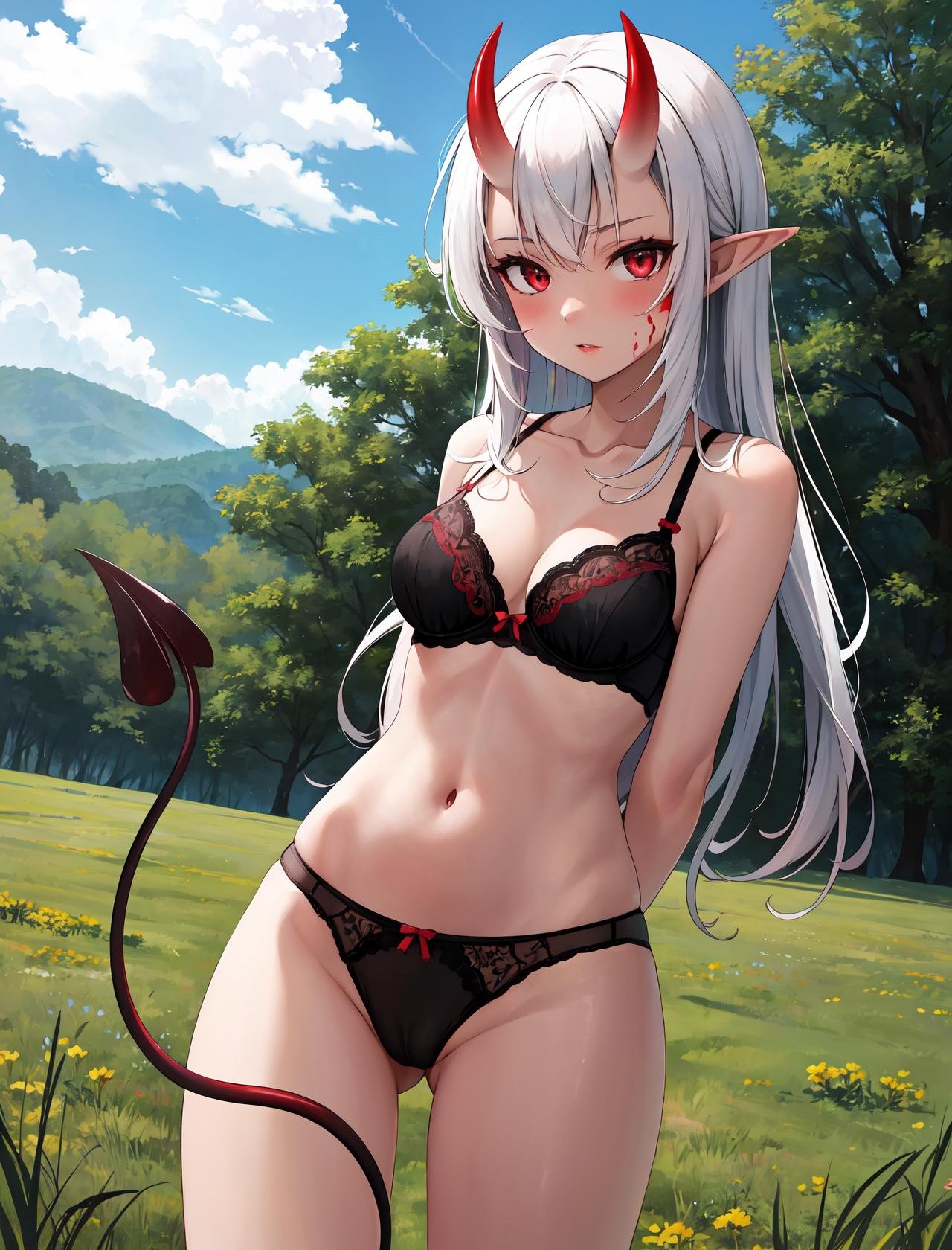 masterpiece, best quality, highres,succubusconcepts, 1girl, solo, looking at viewer, cowboy shot, standing, skin-covered horns, oni horns, (oni:1.2), (red skin:1.3), red oni, succubus tail, heart tail, (tail:1.2), (demon tail:1.2), spread legs, cameltoe, panties, bra, collarbone, navel, underwear, lace trim, lace, breasts, pointy ears, bangs,<lora:Concepts_Succubus:1>, grass, field, day, cloud, forest, arms behind back,