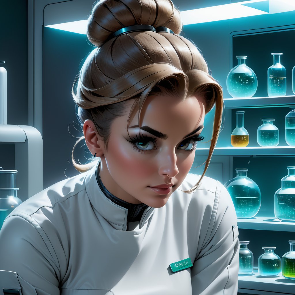 a female scientist with hair tied back in a practical bun, examining specimens in a lab filled with futuristic tech, shot with clinical precision and sterile lighting