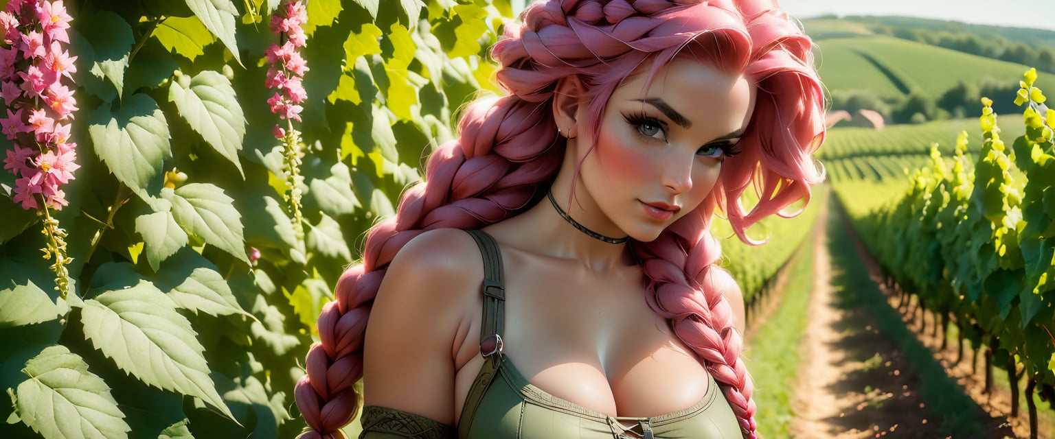 a woman with braided pink hair adorned with wildflowers, perfect big breast, standing alone in a sunlit vineyard, the green of the leaves complementing her earthy attire, the scene captured as if through a vintage Leica lens