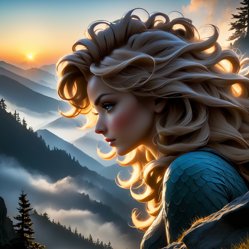 a female silhouette with flowing, wavy hair, watching a tranquil sunrise from a misty mountain peak, the scene shot in vivid detail to capture the serene solitude
