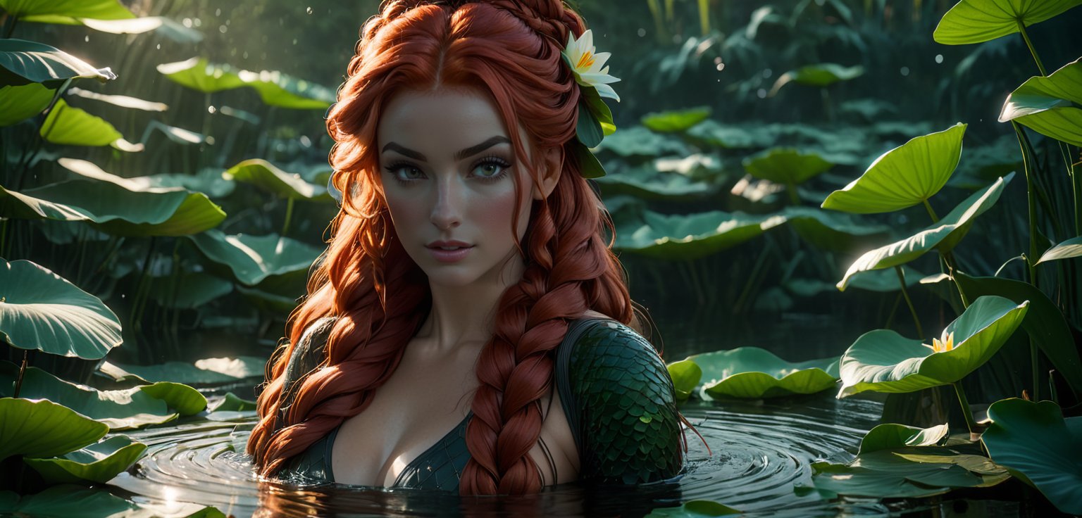 a portrait photo of a red headed female standing in the water covered in lily pads, long braided hair, Canon EOS R3, volumetric lighting