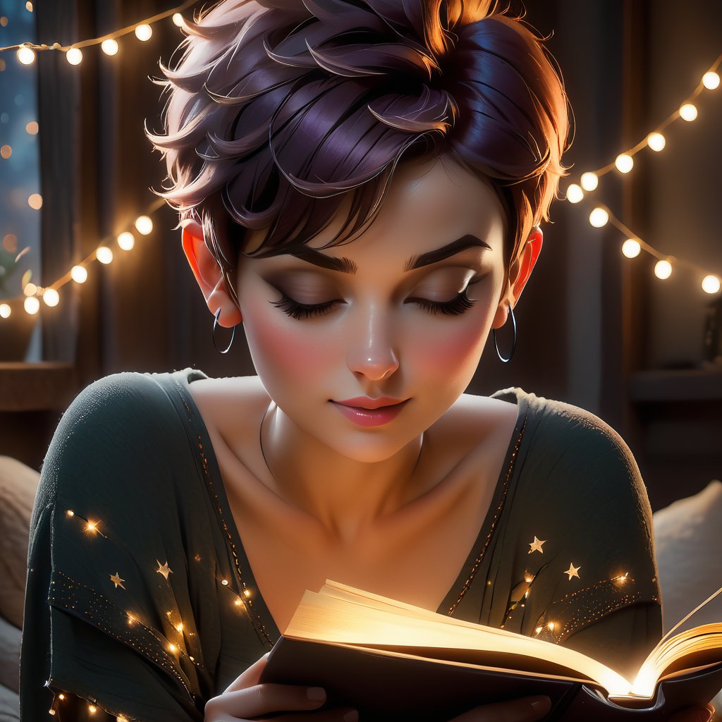 a woman with a pixie cut, reading under the twinkle of fairy lights in a bohemian loft, soft ambient lighting, the camera set to capture the texture of her solitude