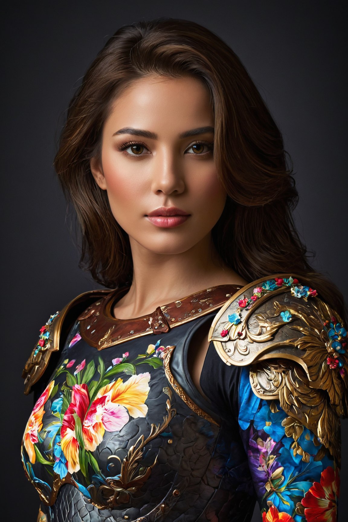 (best quality, realistic, high-resolution), colorful portrait of a woman with flawless anatomy. She is wearing a stunning flower dress that compliments her vibrant personality. Her skin is extremely detailed and realistic, with a natural and lifelike texture. The background is dark, which creates a striking contrast to the colorful flowers adorning her armor. The flowers on her armor represent her strength and beauty. The lighting accentuates the contours of her face, adding depth and dimension to the portrait. The overall composition is masterfully done, showcasing the intricate details and achieving a high level of realism, Realistic