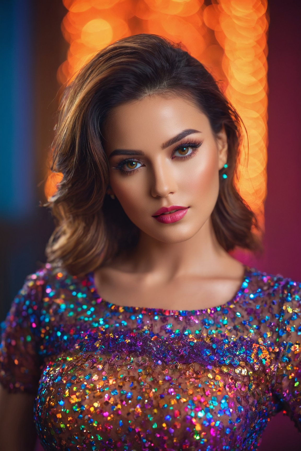 best quality, highres, ultra-detailed, realistic, professional, vivid colors, bokeh, portrait, woman, wearing colorful sexy outfit, striking pose, detailed face, detailed eyes, cinematic, studio lighting, color grading, soft lighting, dreamy effect,