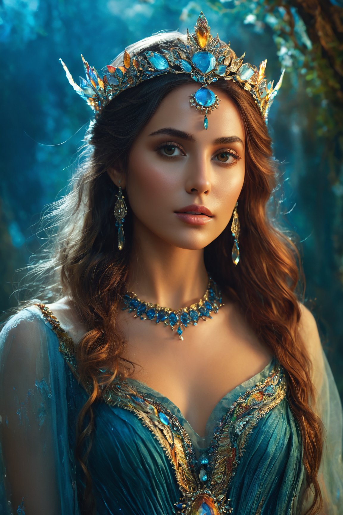 (best quality,8K,highres,masterpiece), ultra-detailed, (fantasy-themed, ethereal) portrait of a captivating woman. Enchanting and otherworldly, she emanates a magical aura, adorned with elements like mystical jewelry and vibrant, flowing garments. The scene is a masterpiece, blending realism with fantastical elements for a truly mesmerizing portrait.