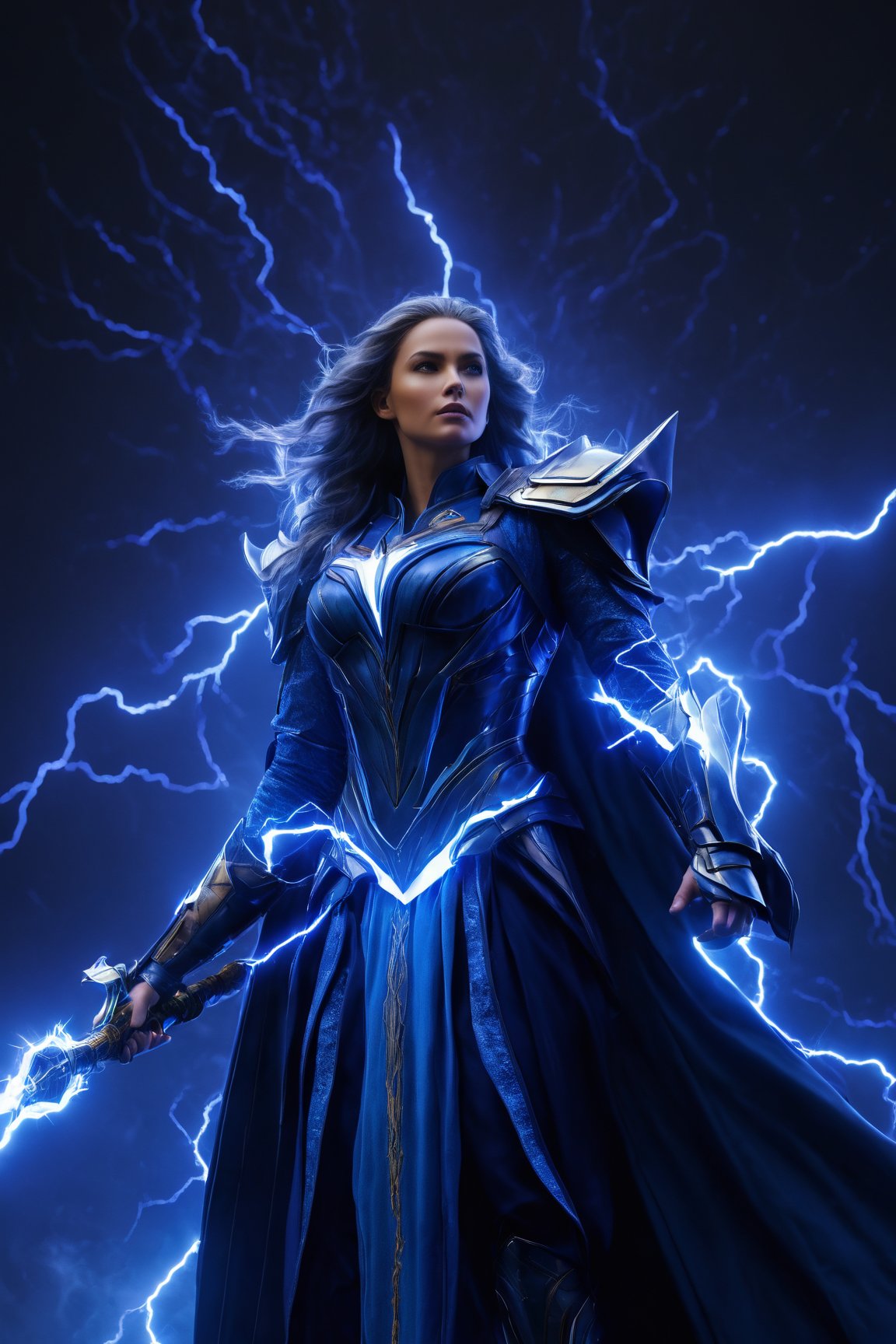 (Superb quality, 4K, detailed masterpiece), (Hyper-realistic, true-to-life) An awe-inspiring 4K portrait unveiling the majesty of the Storm Sovereign. Picture the electrifying presence of the Thunder God, casting vibrant bolts of lightning across the celestial canvas in a dazzling display of indigo and azure brilliance. Crafted with the finesse of cutting-edge rendering technologies like Unreal Engine and Quantum Wavetracing, the atmospheric ambiance is charged with an ethereal glow, surrounded by wisps of mystical energy and shimmering light particles.