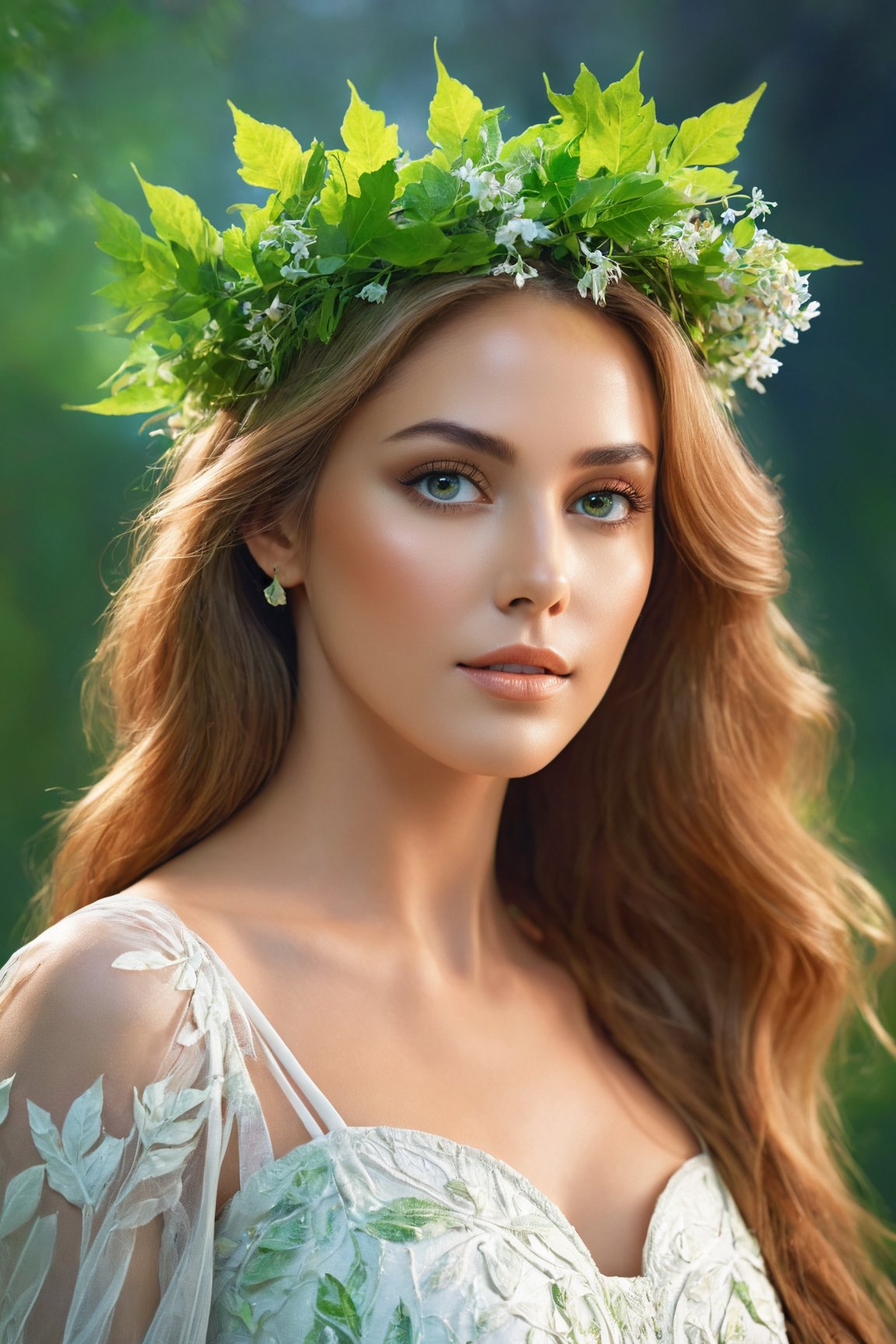 (best quality, 4k, 8k, highres, masterpiece:1.2), ultra-detailed, (realistic, photorealistic, photo-realistic:1.37), nature goddess, leaf body, portrait, greenery, wildflowers, breathtaking eyes, serene expression, graceful pose, ethereal beauty, luminous skin, flowing hair, elegant crown of leaves, soft natural light, vibrant colors, mythical essence, surreal atmosphere, dreamlike aura, harmonious connection with nature, enchanted forest.