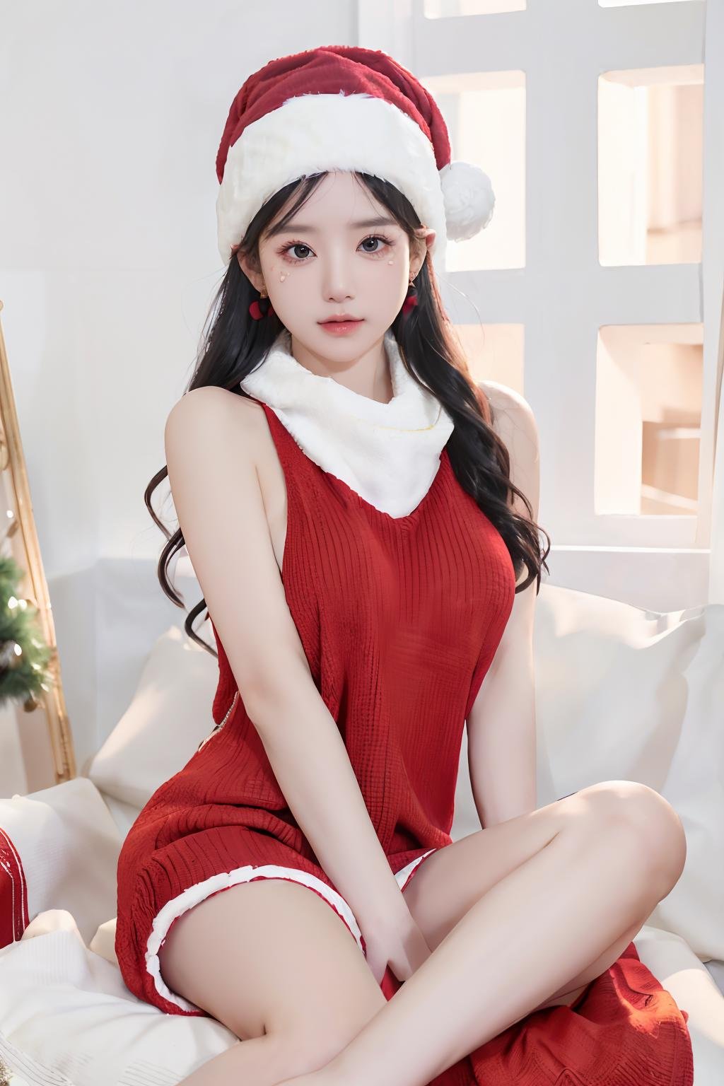 <lora:christmas_sweater_v3:0.7>,1girl,red virgin killer sweater,christmas hat,solo,long hair,breasts,looking at viewer,black hair,dress,sitting,full body,earrings,barefoot,blurry,black eyes,realistic,sitting on chair,DSLR,(Good structure),HDR,UHD,8K,A real person,Highly detailed,best quality,masterpiece,1girl,realistic,Highly detailed,(EOS R8, 50mm, F1.2, 8K, RAW photo:1.2),ultra realistic 8k,(best illumination, best shadow, extremely delicate and beautiful),(official art, beautiful and aesthetic:1.2),