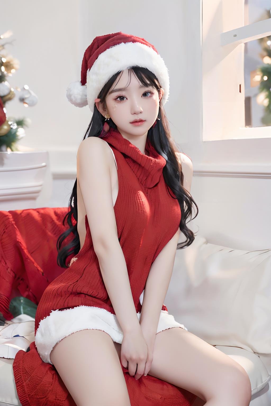 <lora:christmas_sweater_v3:0.7>,1girl,red virgin killer sweater,christmas hat,solo,long hair,breasts,looking at viewer,black hair,dress,sitting,full body,earrings,barefoot,blurry,black eyes,realistic,sitting on chair,DSLR,(Good structure),HDR,UHD,8K,A real person,Highly detailed,best quality,masterpiece,1girl,realistic,Highly detailed,(EOS R8, 50mm, F1.2, 8K, RAW photo:1.2),ultra realistic 8k,(best illumination, best shadow, extremely delicate and beautiful),(official art, beautiful and aesthetic:1.2),