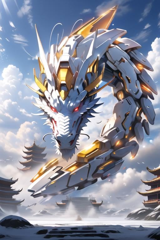 <lora:mecha_loong_v2:0.6>,a mecha dragon,8k,High quality,high quality,morning sunshine,glowing body,mechanical joint,orange led light,high detailed mecha,high-precision mecha,mecha,exoskeleton mechanical armor,red eyes,outdoors,horns,sky,growing joint,day,cloud,blue sky,no humans,glowing,cloudy sky,scenery,eastern dragon,pagoda,building,flying,jet device,high detailed,white mecha,HD,black joint,