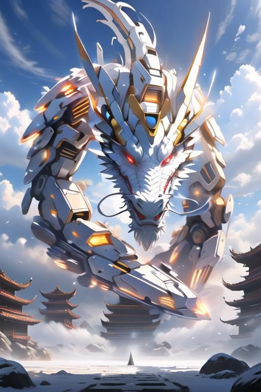 <lora:mecha_loong_v3:0.6>,a mecha dragon,8k,High quality,high quality,morning sunshine,glowing body,mechanical joint,orange led light,high detailed mecha,high-precision mecha,mecha,exoskeleton mechanical armor,red eyes,outdoors,horns,sky,growing joint,day,cloud,blue sky,no humans,glowing,cloudy sky,scenery,eastern dragon,pagoda,building,flying,jet device,high detailed,white mecha,HD,black joint,