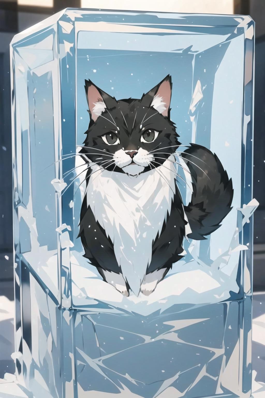 1 cat frozen in a ice block,<lora:frozen_squirrel_v3_64:0.6>,