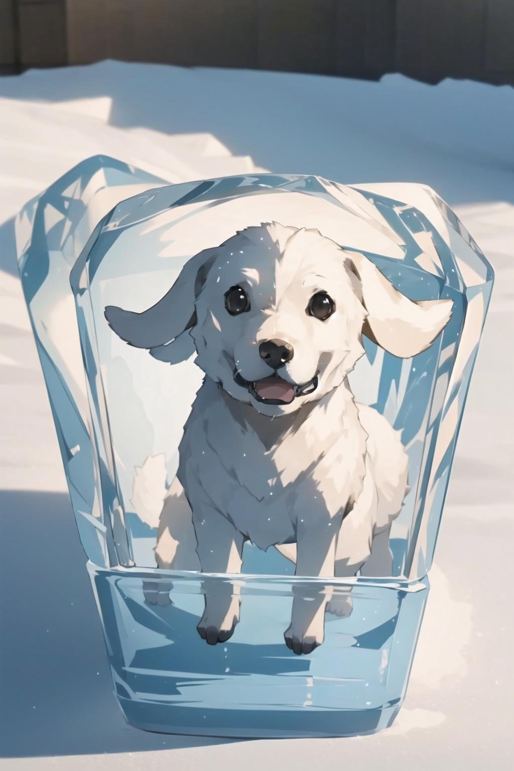 1 dog frozen in a ice block,<lora:frozen_squirrel_v3_64:0.6>,