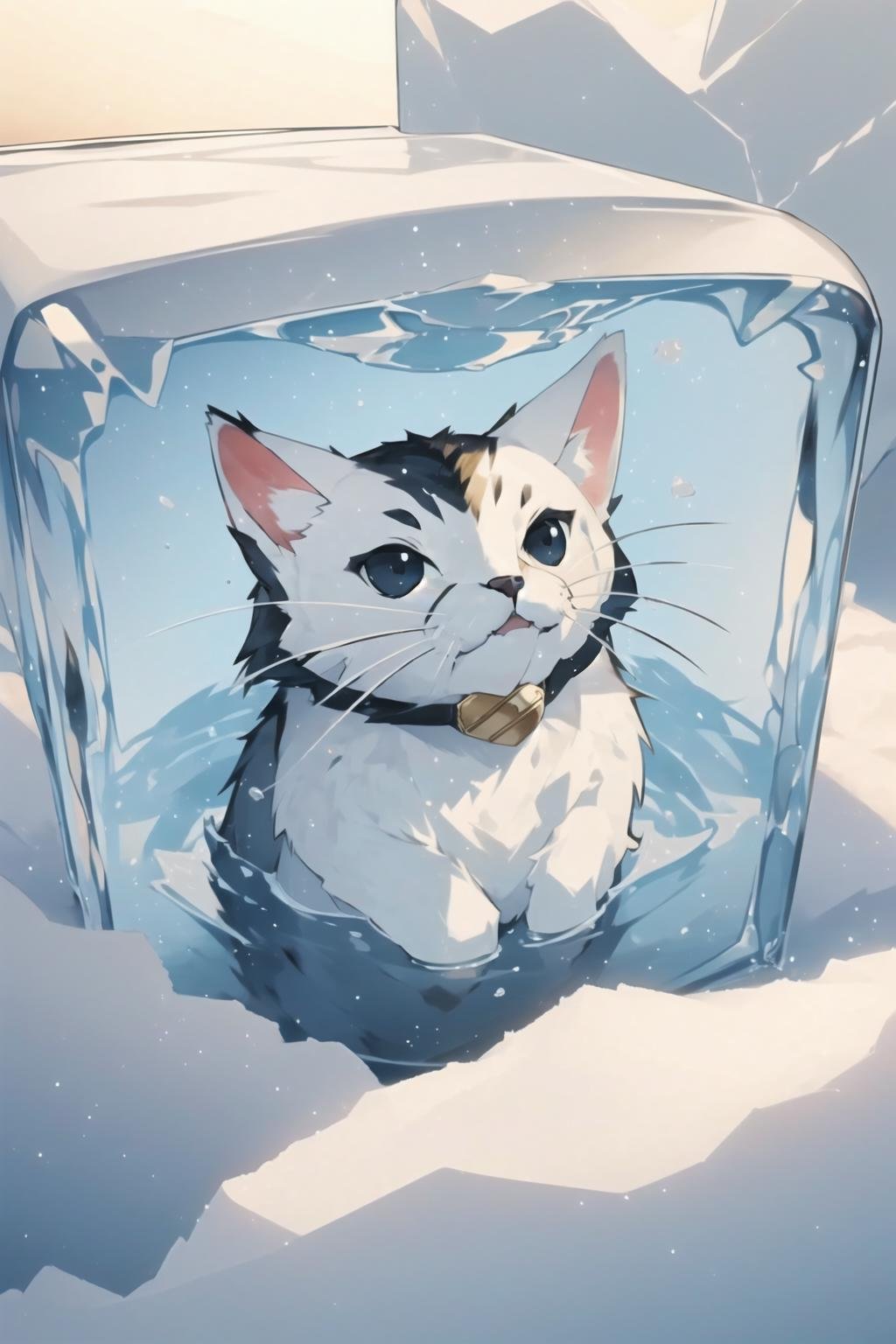 1 cat frozen in a ice block,<lora:frozen_squirrel_v3_64:0.6>,