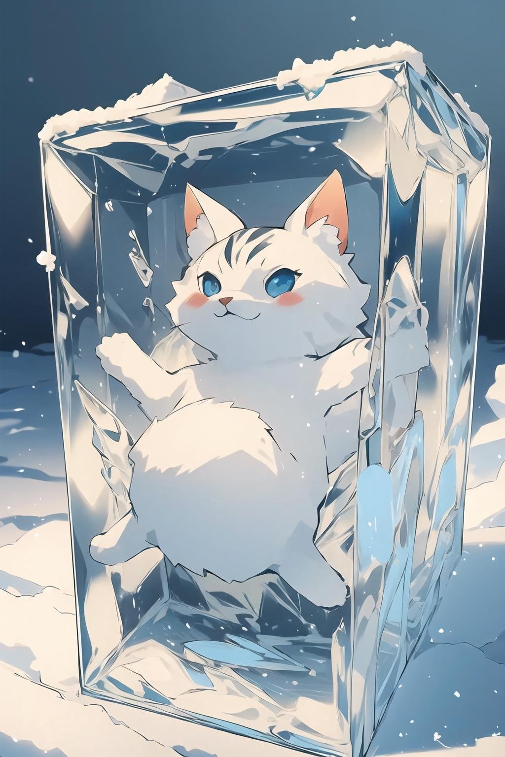 1 cat frozen in a ice block,<lora:frozen_squirrel_v2_128:0.6>,