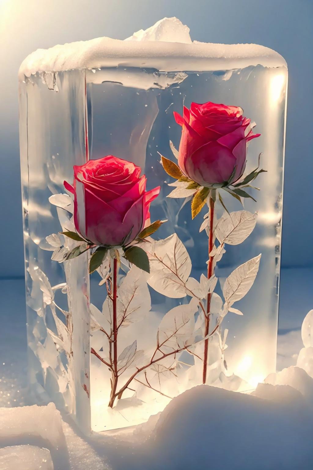 1 rose frozen in a ice block,<lora:frozen_squirrel_v2_128:0.6>,