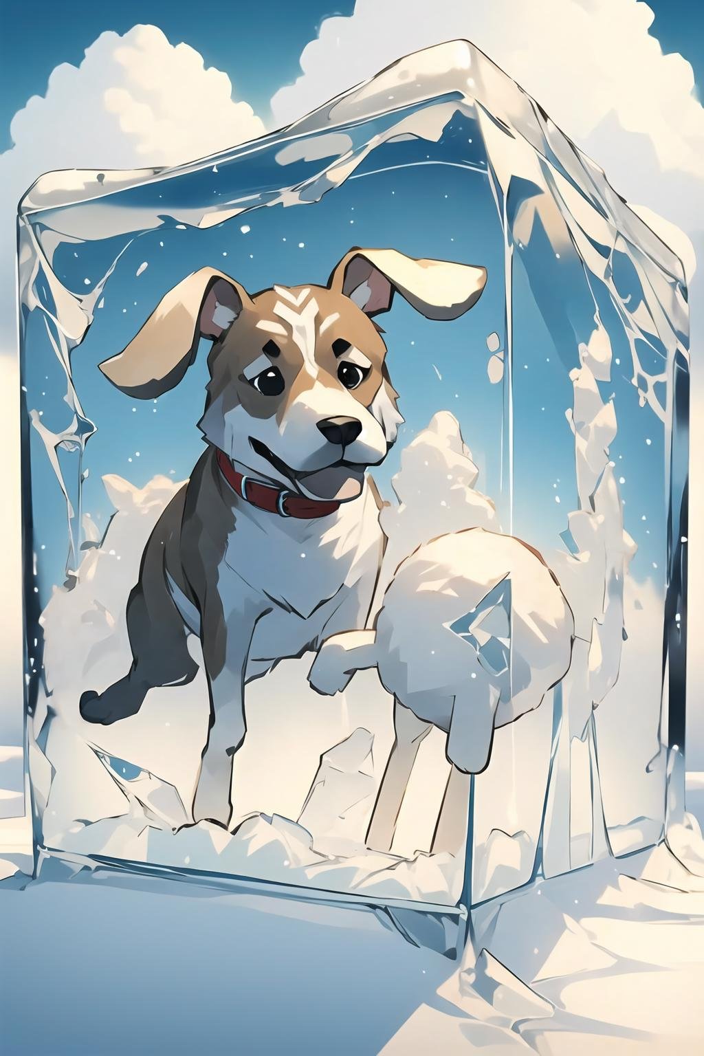 1 dog frozen in a ice block,<lora:frozen_squirrel_v2_128:0.6>,