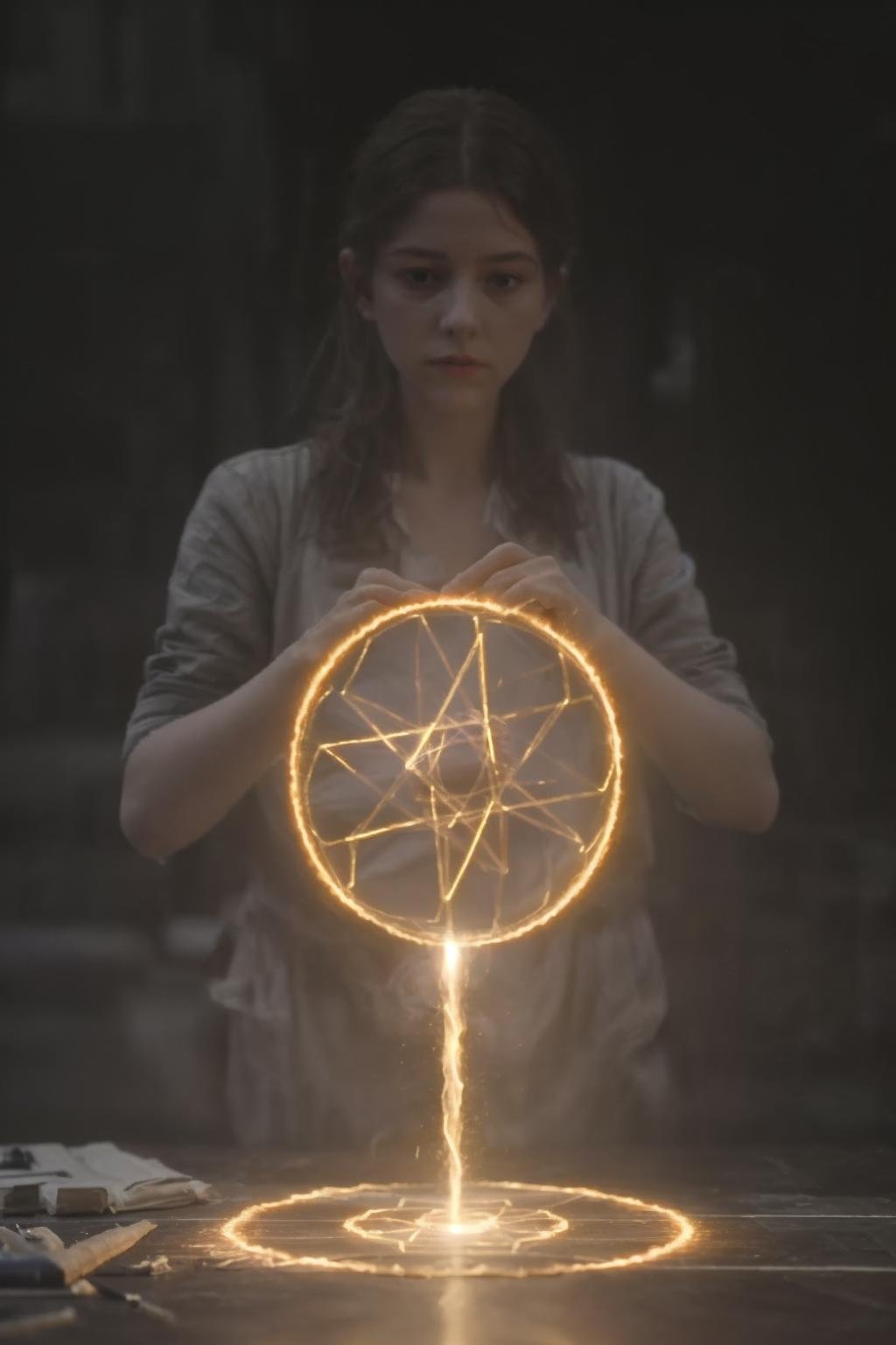 masterpiece,realistic, 1girl building a magic circle,<lora:magic_v2:0.6>,