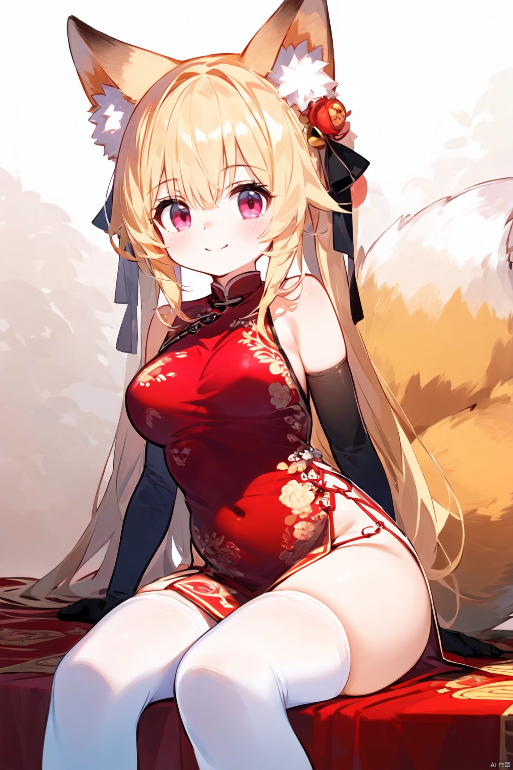 ((masterpiece,best quality)),
1girl, animal ears, blonde hair, thighhighs, solo, fox ears, dress, gloves, elbow gloves, tail, long hair, smile, white thighhighs, bell,  fox tail, sitting,  china dress, red eyes, fox girl, black gloves, ribbon, animal ear fluff, jingle bell, pink eyes, looking at viewer, chinese clothes, black dress, breasts, side slit,red background,