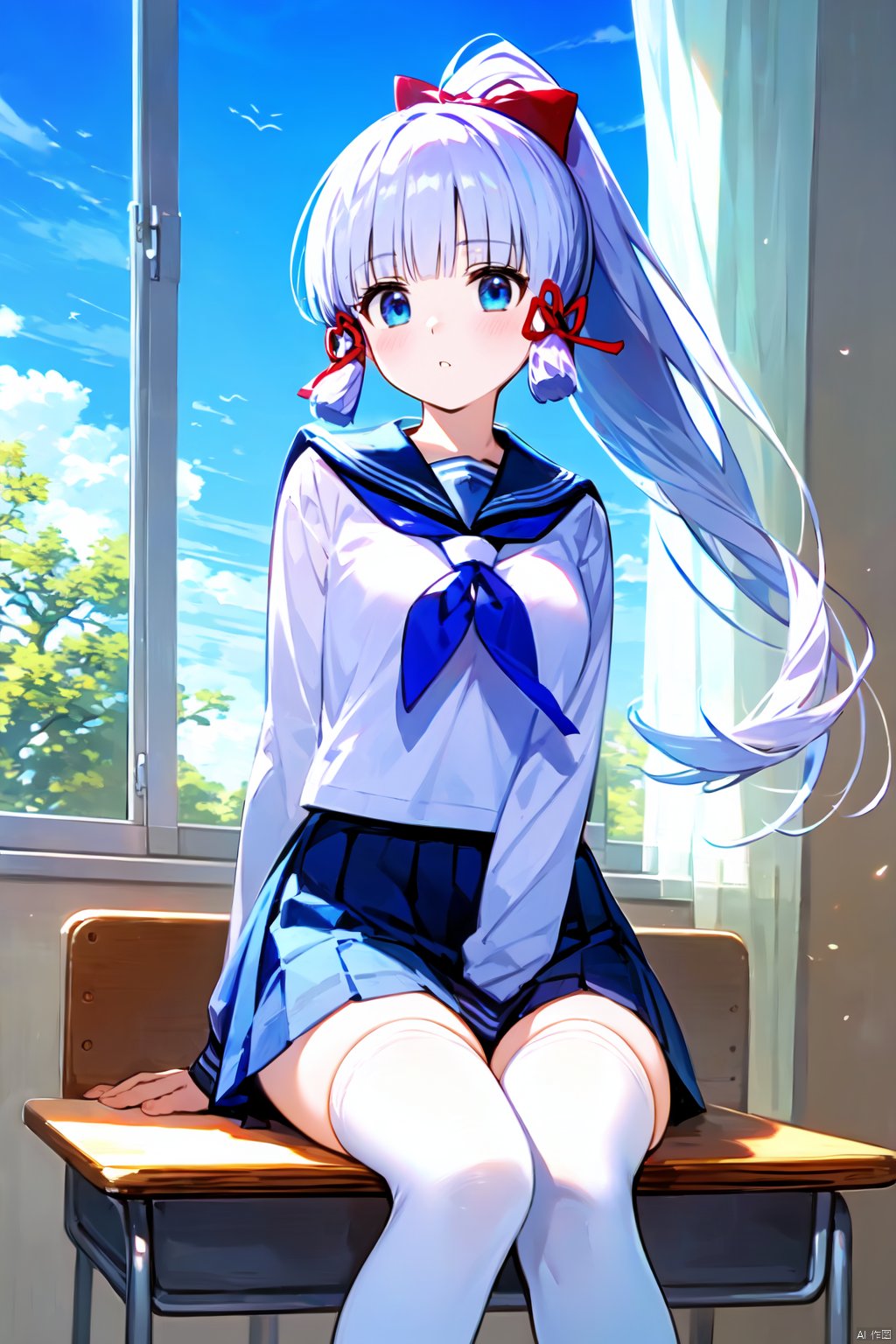 ((masterpiece,best quality)),
1girl, kamisato ayaka, school uniform, solo, skirt, thighhighs, blue eyes, sky, sitting, desk, long hair, serafuku, ponytail, white thighhighs, looking at viewer, bag, bangs, sailor collar, pleated skirt, cloud, shirt, curtains, window, school bag, blue sky, ribbon, long sleeves, blue skirt, hair ribbon, white shirt, bow, indoors, blunt bangs, alternate costume, white hair, hair bow, parted lips, red ribbon, paper, neckerchief, day, floating hair, sidelocks, school desk, wind, blue neckerchief, tress ribbon, blush, on desk,  zettai ryouiki, feet out of frame,