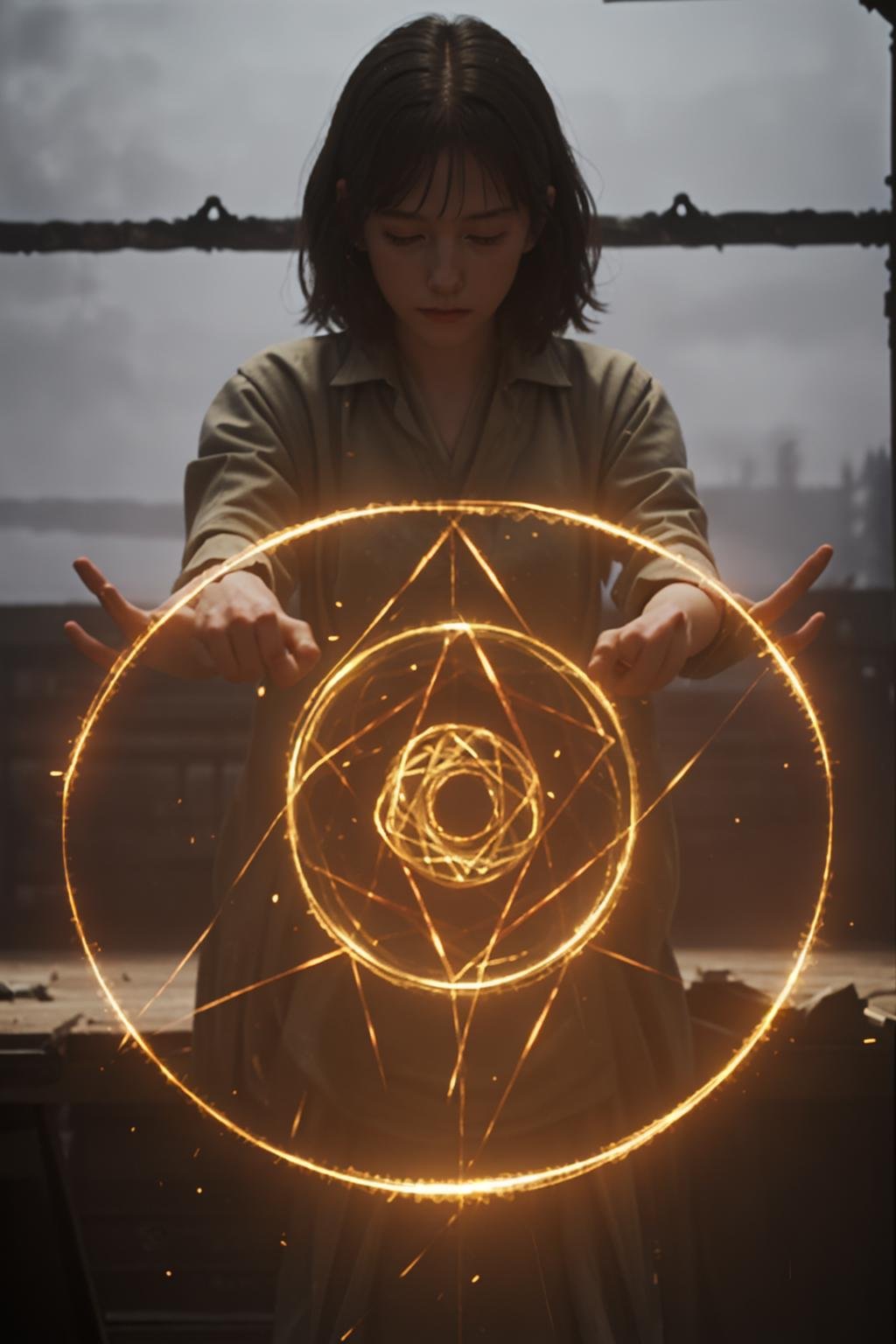 masterpiece,realistic,1girl is building a magic circle, <lora:magic_v3beta:0.55>,