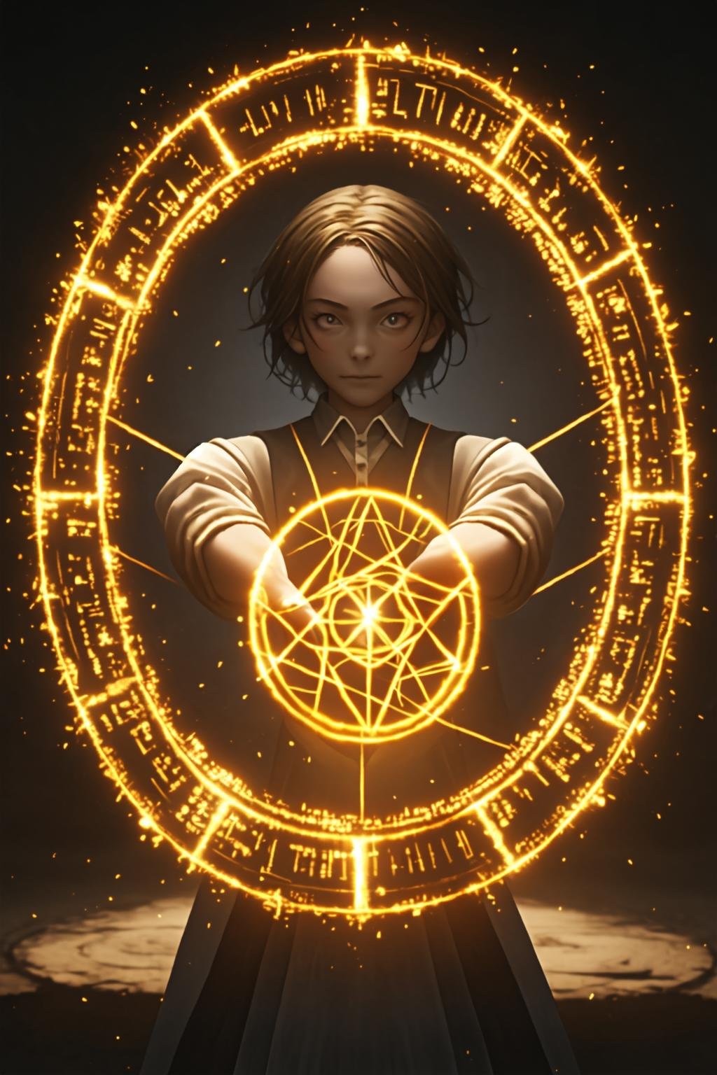 masterpiece,realistic,1girl is building a magic circle, <lora:magic_v3beta:0.6>,