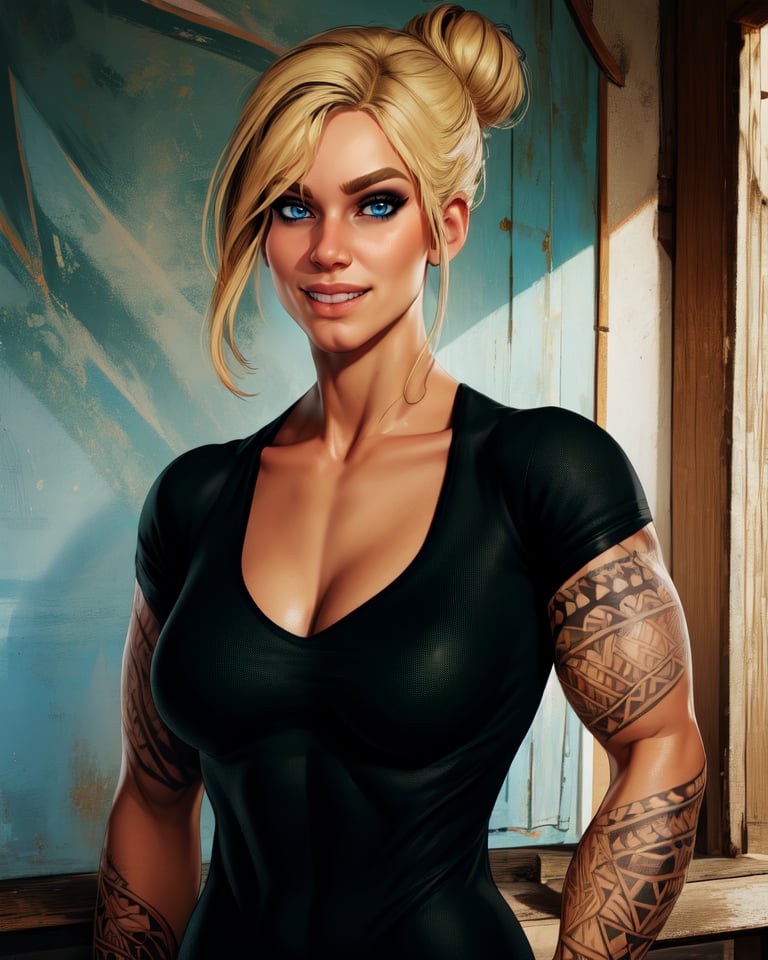 valkyrie,blue eyes,blonde  hair,arm tattoos. hair bun,
black shirt,muscular,medium breasts,shoulder tattoo,
solo,smile,cleavage,
standing,upper body,
country,town,
(insanely detailed, beautiful detailed face, masterpiece, best quality),,
