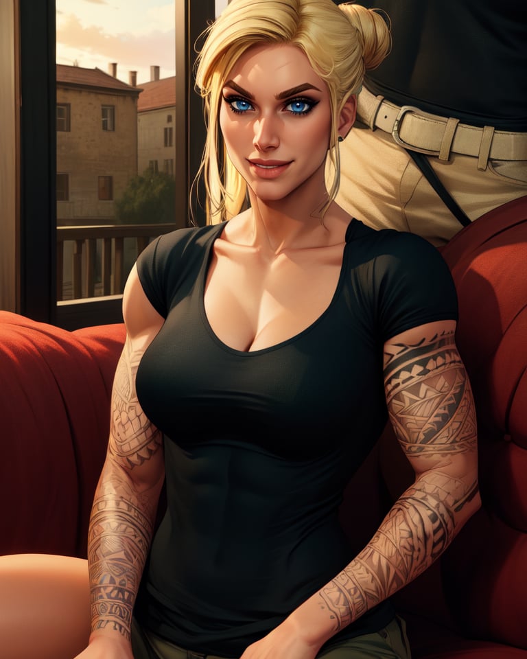 valkyrie,blue eyes,blonde  hair,arm tattoos. hair bun,
black shirt,muscular,medium breasts,shoulder tattoo,
solo,smile,cleavage,
sitting,upper body,
country,town,
(insanely detailed, beautiful detailed face, masterpiece, best quality),,
