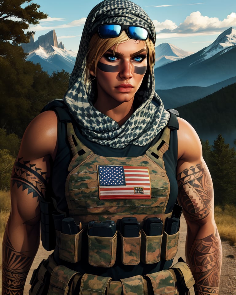 valkyrie,blue eyes,blonde  hair,short hair,shades on head.  arm tattoos.  shoulder tattoos,cheek paint,
black undershirt,camo vest with american flag,hood,muscular,medium breasts,
solo,
standing,upper body,
country woods,mountains,
(insanely detailed, beautiful detailed face, masterpiece, best quality),,
