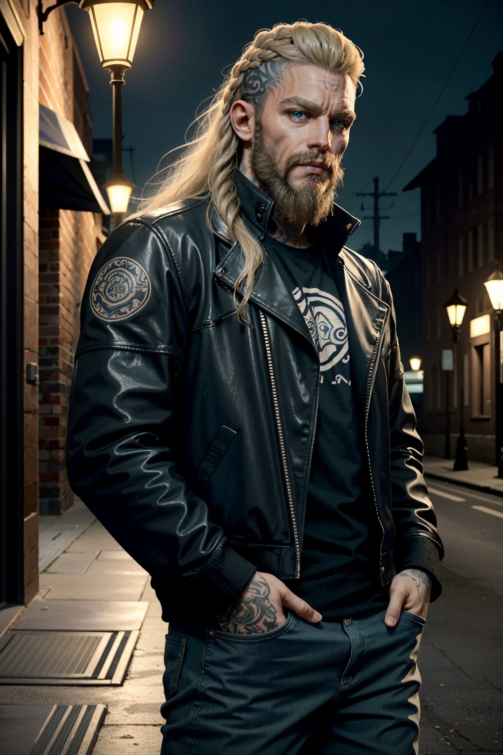 ((masterpiece, best quality))
AssaMaleEivor, 1boy, solo, long hair, beard, blonde hair, blue eyes, Under the glow of a streetlamp, fitted leather jacket, casual yet stylish, a glimpse of tattoos visible, hands in pockets with a nonchalant pose
