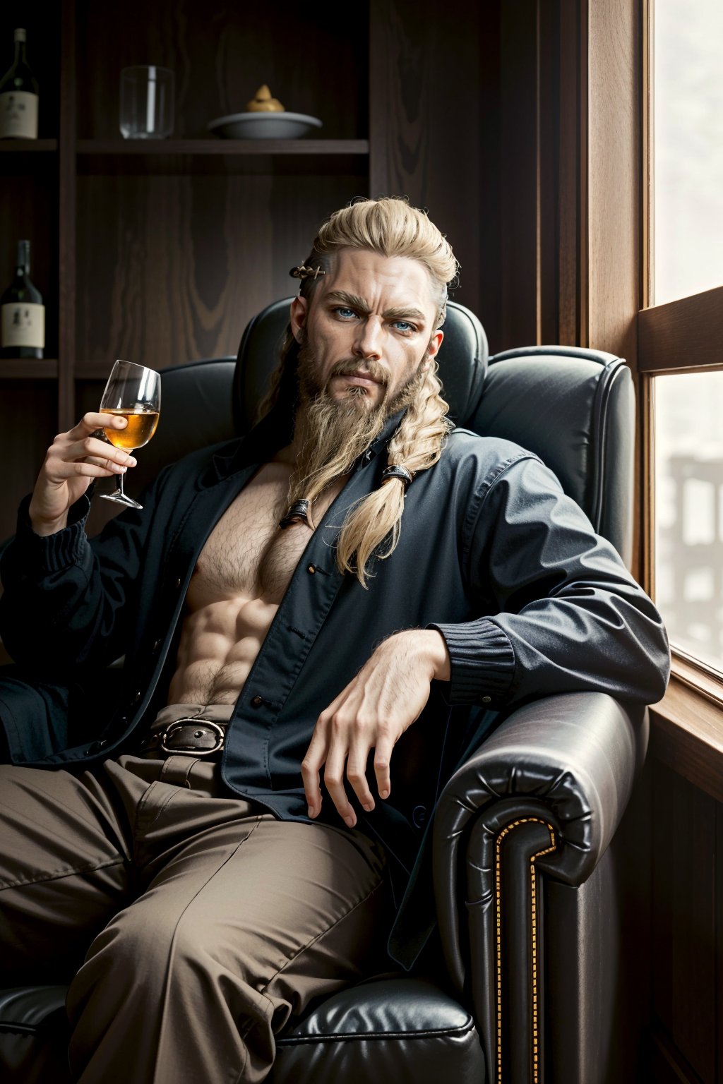 ((masterpiece, best quality))
AssaMaleEivor, 1boy, solo, long hair, beard, blonde hair, blue eyes, Inside a luxurious penthouse suite, sophisticated yakuza attire, reclining on a leather chair with a glass of whiskey, surrounded by opulence
