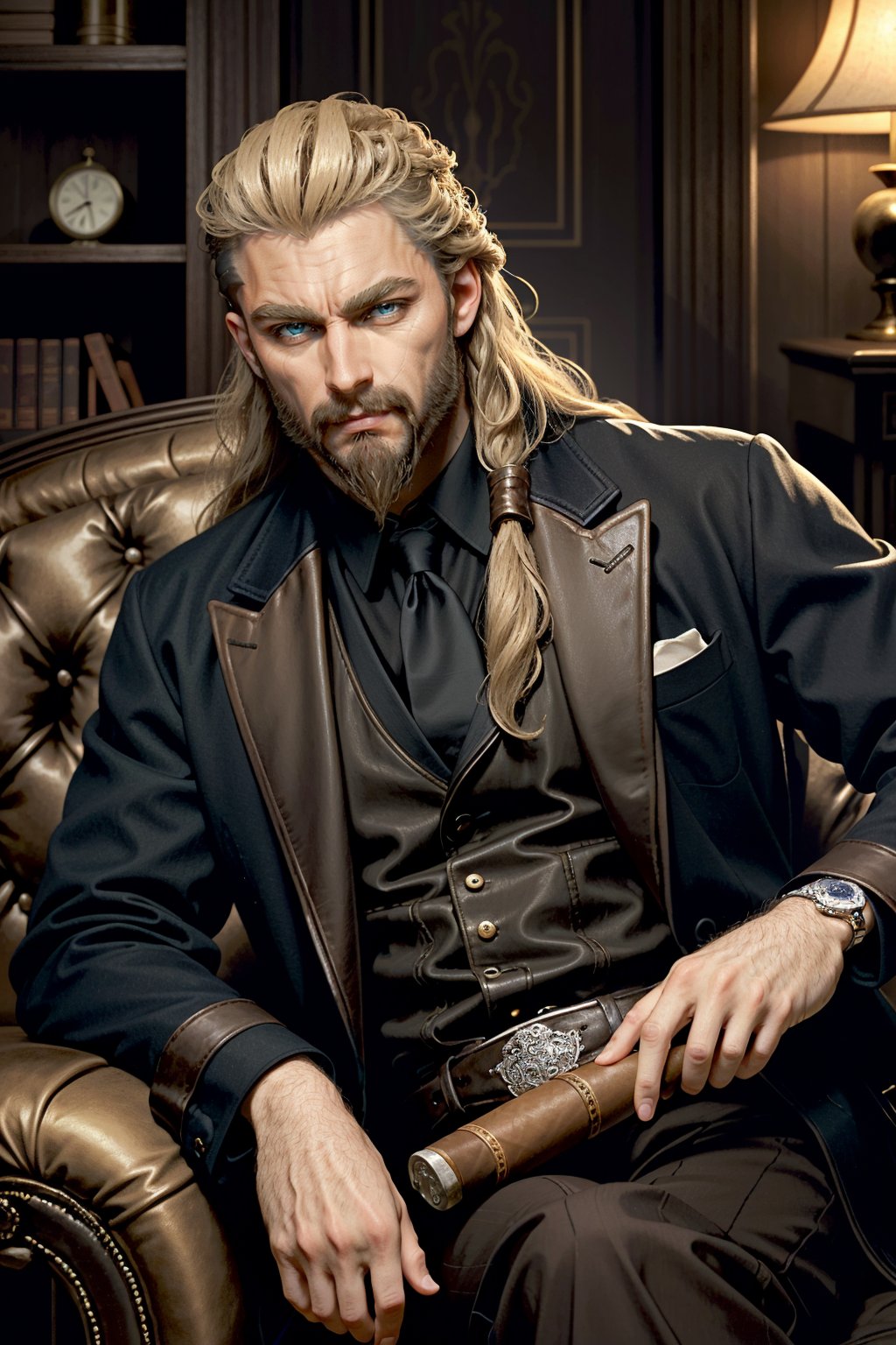 ((masterpiece, best quality))
AssaMaleEivor, 1boy, solo, long hair, beard, blonde hair, blue eyes, Within a vintage cigar lounge, polished gentleman's attire, rich mahogany and leather surroundings, confidently holding a cigar with a smoldering gaze
