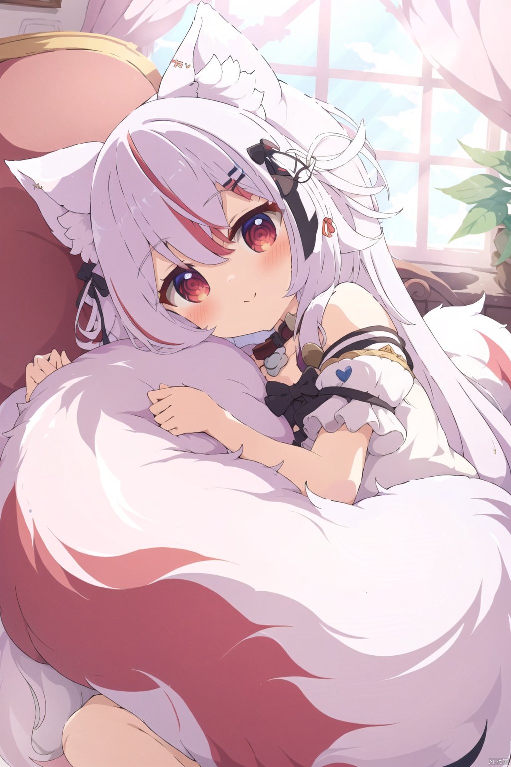 1girl, solo, animal ears, tail, white hair, fox ears, fox tail, good shade, red eyes, fox girl, pillow, long hair, lying, multicolored hair, looking at viewer, window