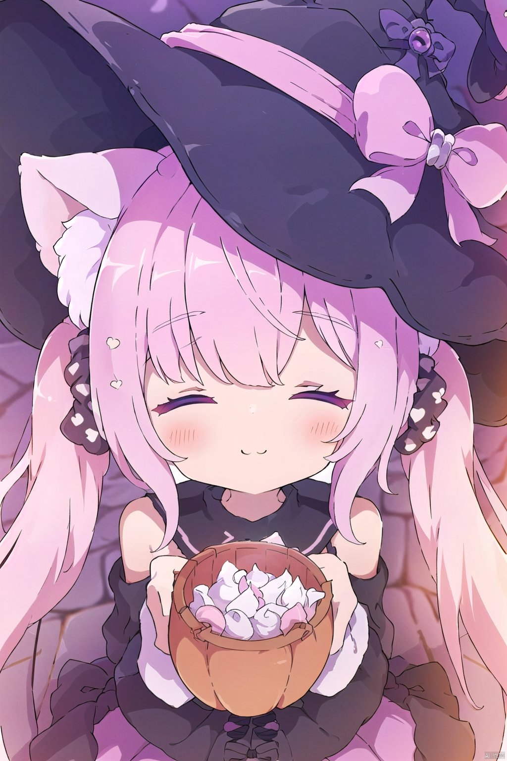  1girl, solo, witch hat, shirt, hat, animal ears, white shirt, closed eyes, facing viewer, pink hair, bow, skirt, hair ornament, twintails, blush, closed mouth, polka dot scrunchie, long sleeves, cat ears, smile, halloween bucket, animal ear fluff, frilled skirt, halloween, good shade, long hair, ^ ^, bangs, pink bow, holding, bat hair ornament, black skirt, striped, striped bow, frills, sleeveless, polka dot, food, very long hair, black headwear, polka dot bow, hands up, sleeves past wrists, black bow, detached sleeves, purple bow, purple skirt, cat girl, hat bow, black sailor collar