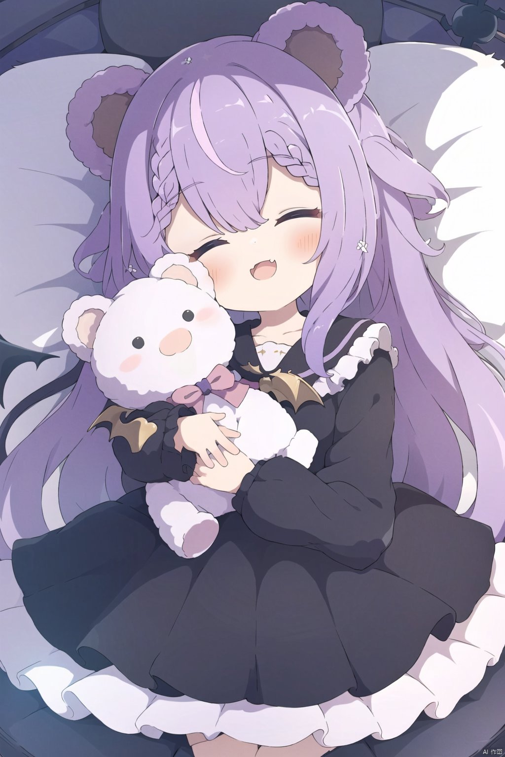 1girl, solo, animal ears, stuffed toy, on back, stuffed animal, dress, lying, purple hair, closed eyes, tail, braid, smile, frills, teddy bear, black dress, good shade, long sleeves, long hair, pillow, blush, bangs, facing viewer, fang, very long hair, :d, demon girl, frilled dress, demon tail, bear ears, frilled pillow, star \(symbol\), hair between eyes